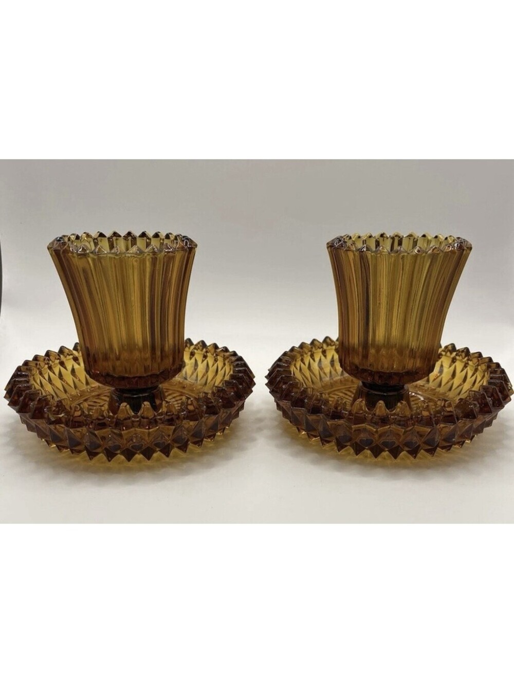 Vintage Amber Pressed Glass Ribbed Candle Holders Set of 2
